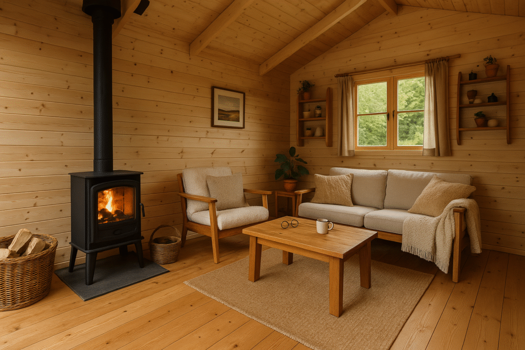 Gartenhaus aus Holz mit Kamin und Sofa-Ecke